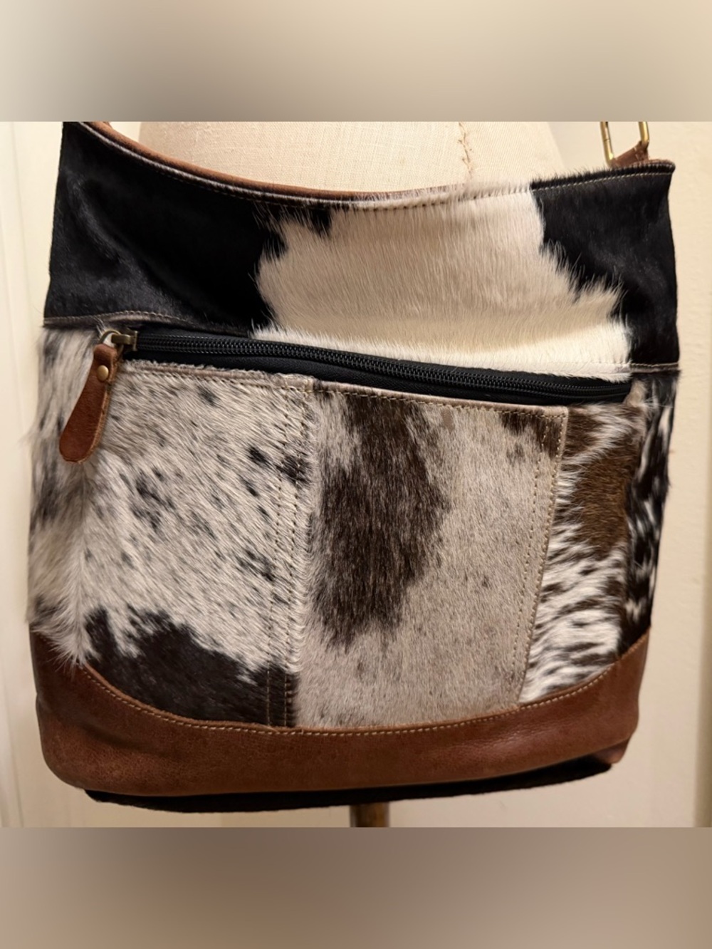 Myra Bag Cowhide Patchwork Leather Tote with Zip Accent Crossbody or Shoulder